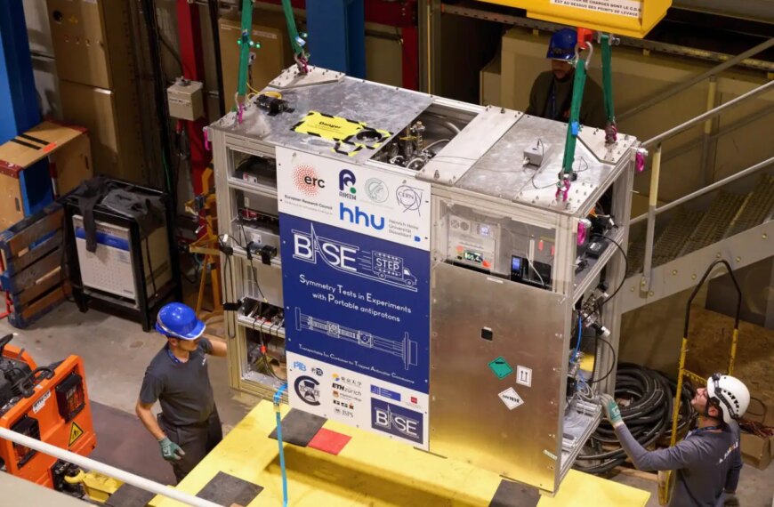 Установление научного оборудования в лаборатории, рабочие в касках.