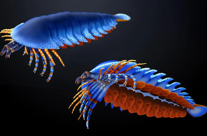 Древнее морское существо с панцирем, яркие синие и оранжевые оттенки, 3D-иллюстрация.
