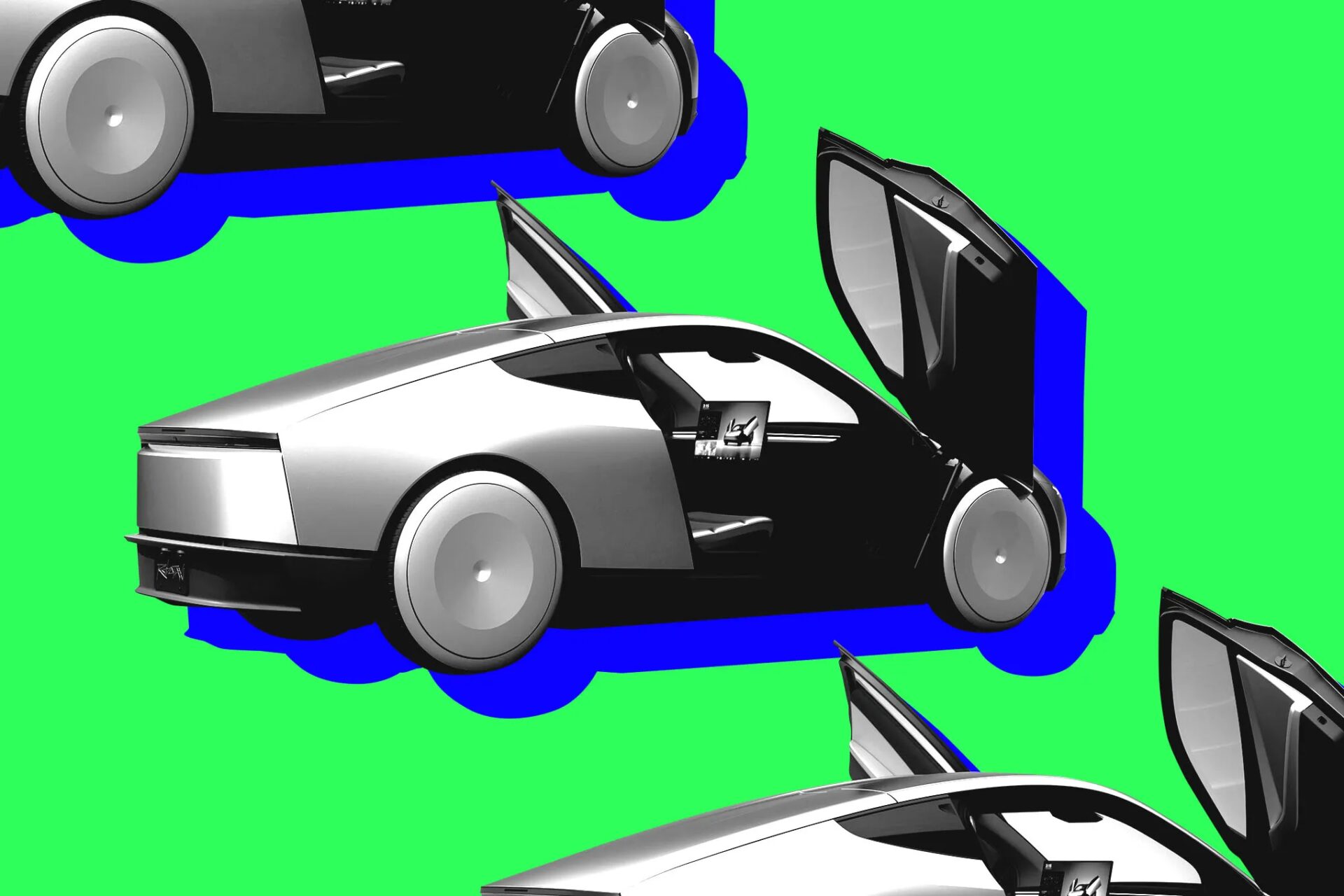 Робот-такси Tesla на графическом сине-зеленом фоне.