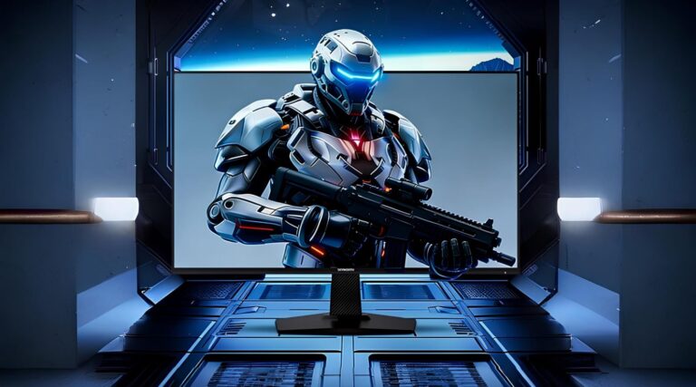 Футуристический солдат в броне с оружием на экране в высокотехнологичном помещении.