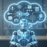 Искусственный интеллект в офисе с облаком данных и технологическими иконками.