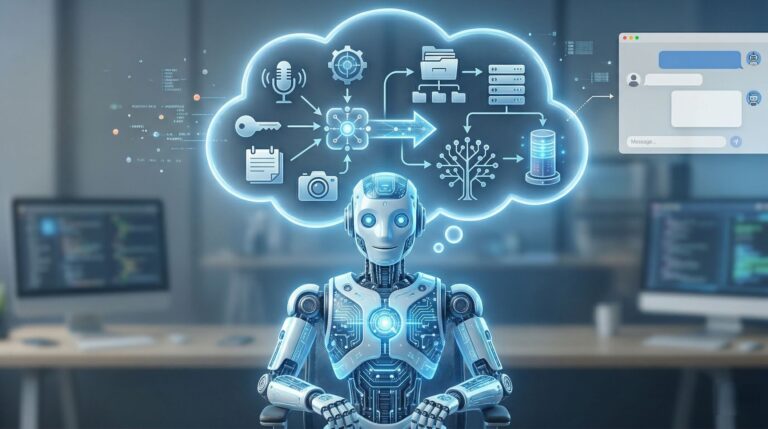 Искусственный интеллект в офисе с облаком данных и технологическими иконками.