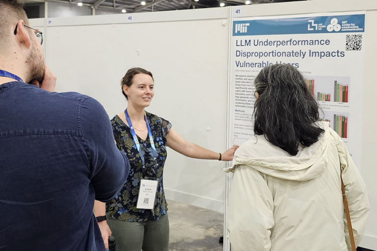 Люди обсуждают научный постер на конференции MIT о влиянии LLM на уязвимых пользователей.
