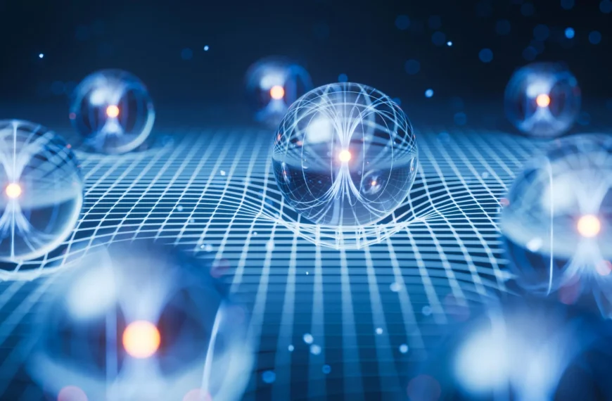 Квантовые сферы на сетке, иллюстрация концепции квантовой физики и теории струн.