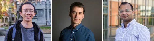 Луовэнь Цянь стоит на улице в серой рубашке. Макранд Синха стоит на улице в светло-голубой рубашке. Авишай Таль стоит в синей рубашке на темном фоне.