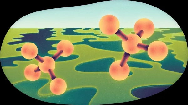 Молекулы на фоне зеленого ландшафта