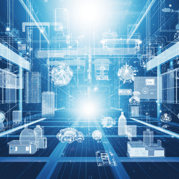 Цифровая сеть с абстрактными технологическими элементами на синем фоне.