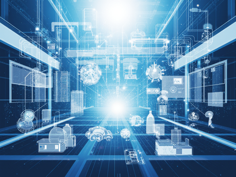 Цифровая сеть с абстрактными технологическими элементами на синем фоне.