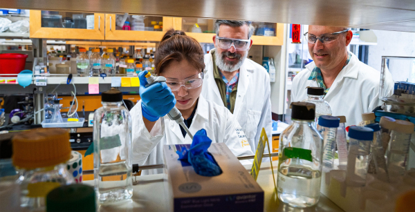 Динг, Лакстон и Старр стоят у лабораторного стола.