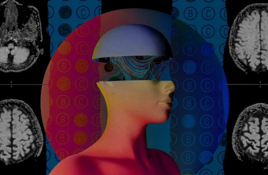 Абстракция мозга: томография, силуэт человека, цифровые элементы.