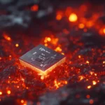 Микрочип на горячей лаве, символизирующий цифровые технологии и экстремальные условия.
