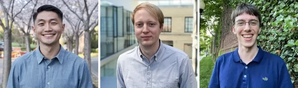 Ферми Ма стоит на улице в синей рубашке на пуговицах. Алекс Ломбарди стоит на улице в синей рубашке-поло. Джон Райт стоит внутри в серой рубашке.