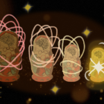 Матрешки с узорами на голове, окруженные светящимися линиями и звездами на темном фоне.