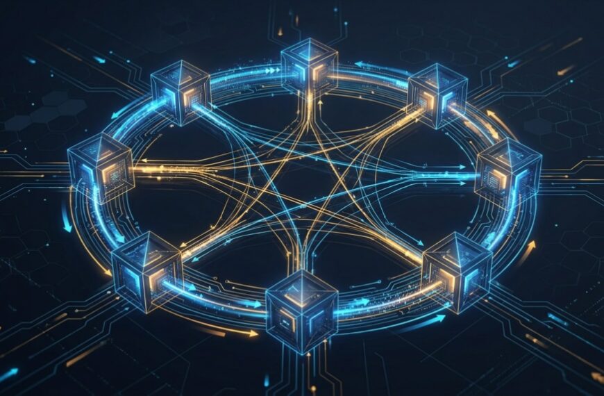 Визуализация блокчейн-сети с цифровыми блоками и соединениями в форме круга.