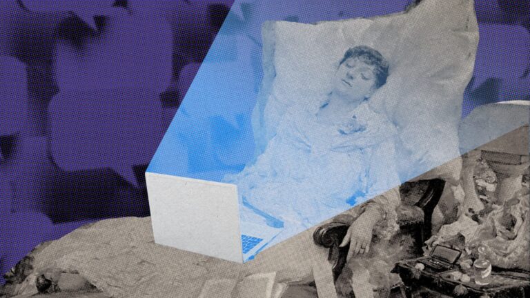 Коллаж: человек в кровати перед ноутбуком, фон с цифровыми элементами, свет из экрана.