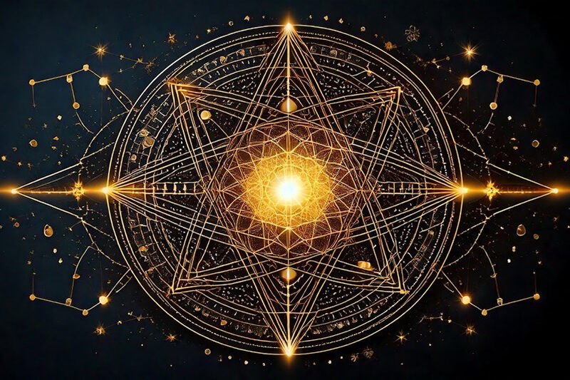 Золотая геометрическая иллюстрация со звездами и линиями на темном фоне.