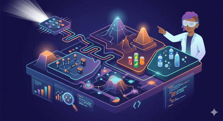 Иллюстрация научной лаборатории с исследователем и графиками данных.