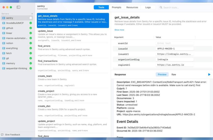 Интерфейс Sentry с описанием ошибок и деталями инцидента для macOS.