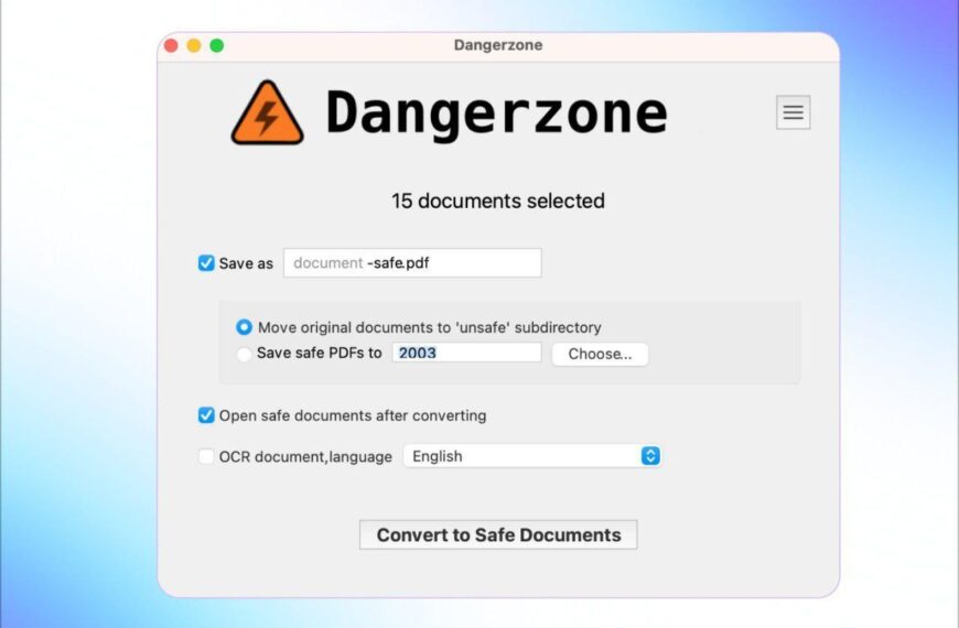 Программное окно Dangerzone, выбор и сохранение безопасных PDF-документов.