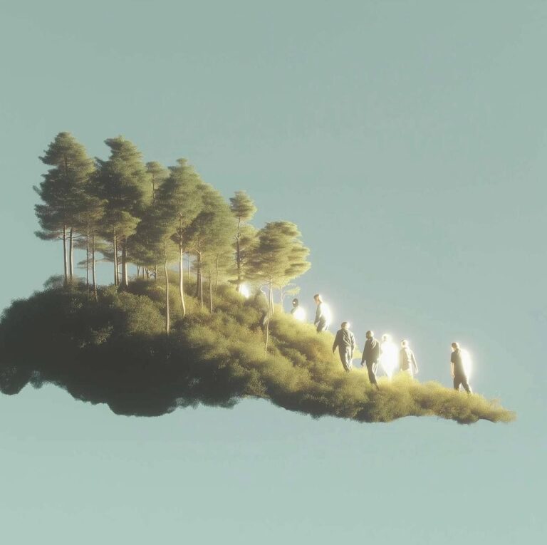 Парят деревья с людьми, окутанными светом на зеленом холме, на фоне голубого неба.