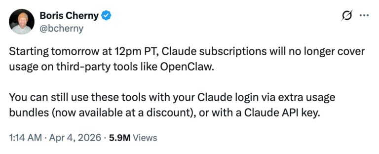 Твит о прекращении поддержки Claude подписок для инструментов вроде OpenClaw.