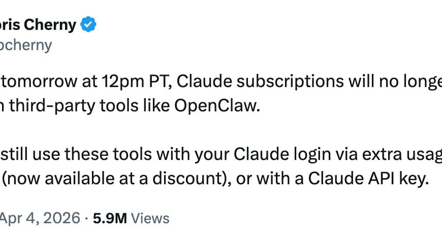 Твит о прекращении поддержки Claude подписок для инструментов вроде OpenClaw.