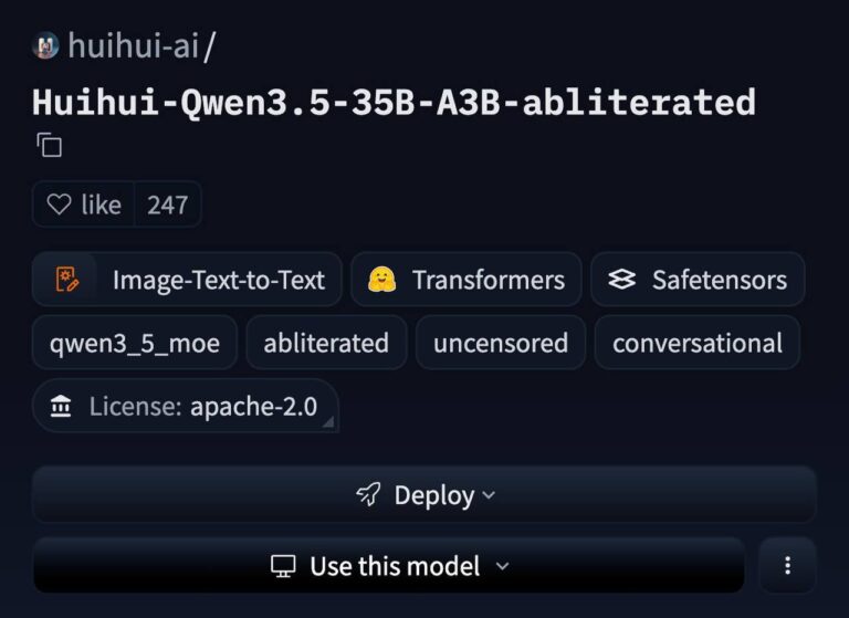 Модель Huihui-Qwen3.5 на GitHub, подробности о лицензии и функциональности.