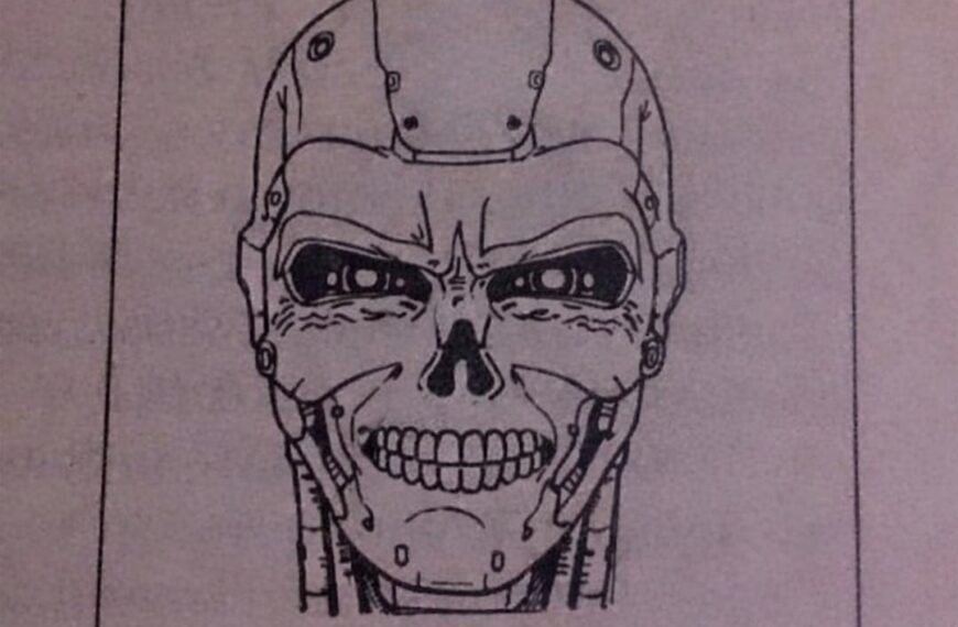 Черепоподобный робот улыбается, подпись "Радость". Саркастичный контраст эмоций и образа.