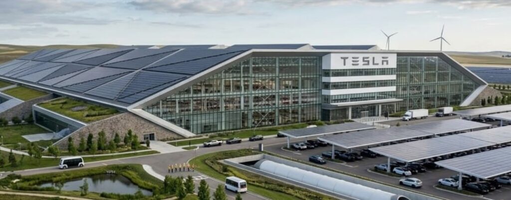 Маск строит чиповую империю: Terafab замахнулся на полный цикл Илон... 1 Завод Tesla с солнечными панелями и ветряками, экологически чистое производство автомобилей.