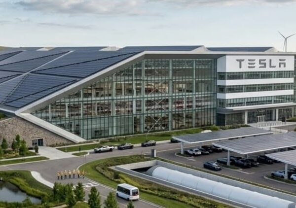 Завод Tesla с солнечными панелями и ветряками, экологически чистое производство автомобилей.