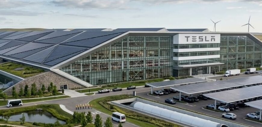 Завод Tesla с солнечными панелями и ветряками, экологически чистое производство автомобилей.