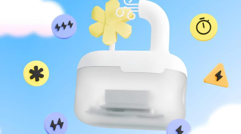 Белый вентилятор с желтыми символами на голубом фоне с облаками.