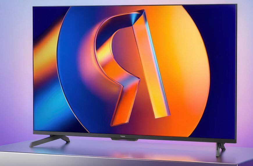 Телевизор на подставке с ярким цветным экраном на фиолетовом фоне.