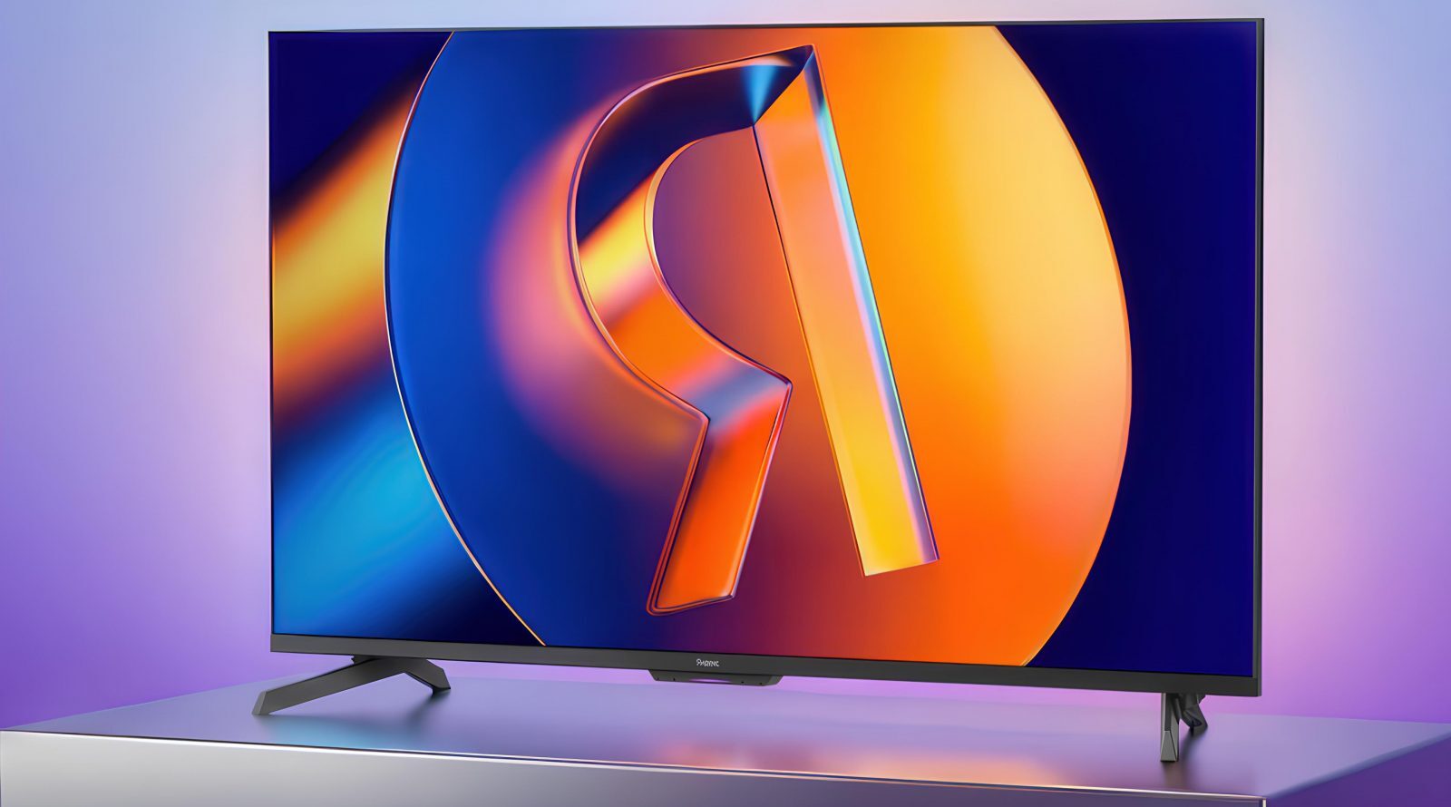 Яндекс ТВ Станция MiniLED: телевизор с ИИ и голосом 2 Телевизор на подставке с ярким цветным экраном на фиолетовом фоне.