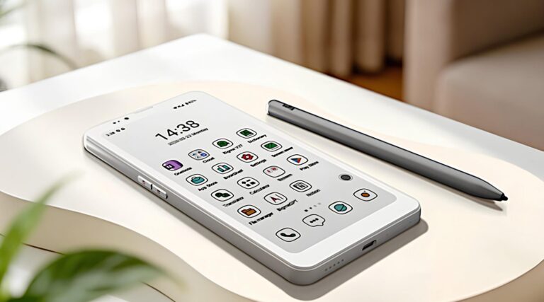 Белый смартфон с иконками приложений на экране, рядом стилус, на светлом фоне.