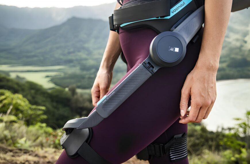 Экзоскелет Vastnaut на человеке в горной местности, крупный план бедра.