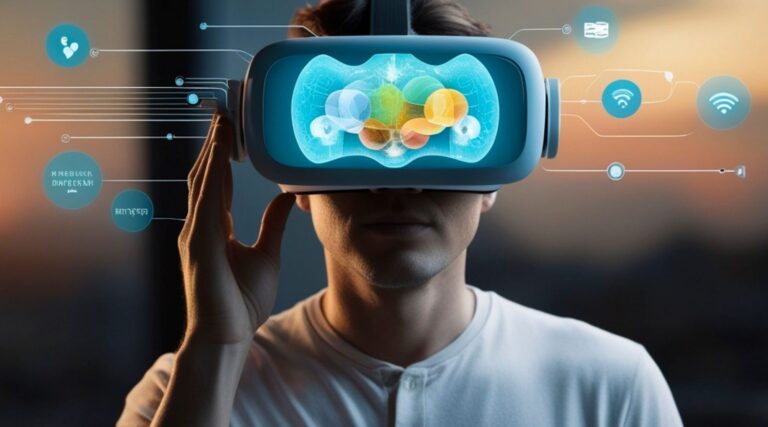 Человек с VR-гарнитурой изучает цветные модели мозга, технологии будущего.