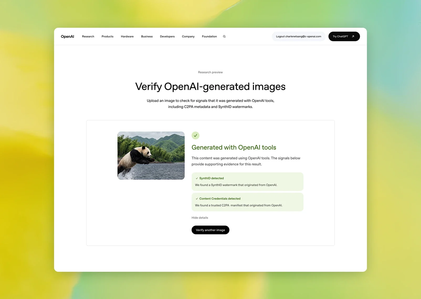 На веб-странице OpenAI отображается результат проверки загруженного изображения, подтверждающий, что оно было сгенерировано с помощью инструментов OpenAI на основе обнаруженных сигналов SynthID и Content Credentials.