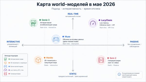 Как устроены world models, что показал Google на прошлой неделе и где это меняет gamedev и робототехнику 5 Карта мировых моделей в мае 2026: подход, интерактивность, время отклика