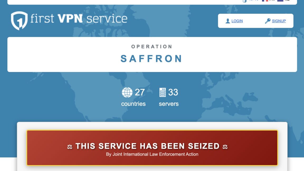 Скриншот веб-сайта сервиса First VPN с сообщением о том, что сервис был заблокирован в результате совместной международной операции правоохранительных органов.