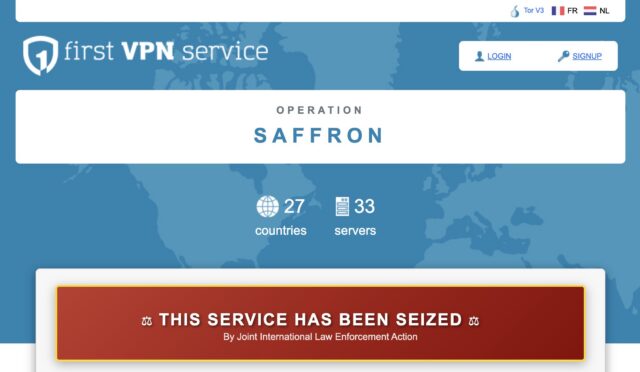 Скриншот веб-сайта сервиса First VPN с сообщением о том, что сервис был заблокирован в результате совместной международной операции правоохранительных органов.