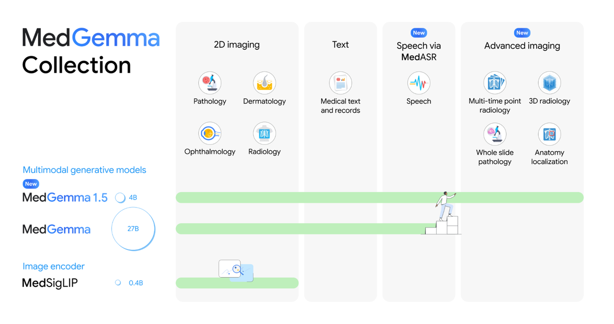 Инфографика MedGemma Collection, демонстрирующая мультимодальные модели искусственного интеллекта для 2D-изображений, текста, речи и передовой радиологии.