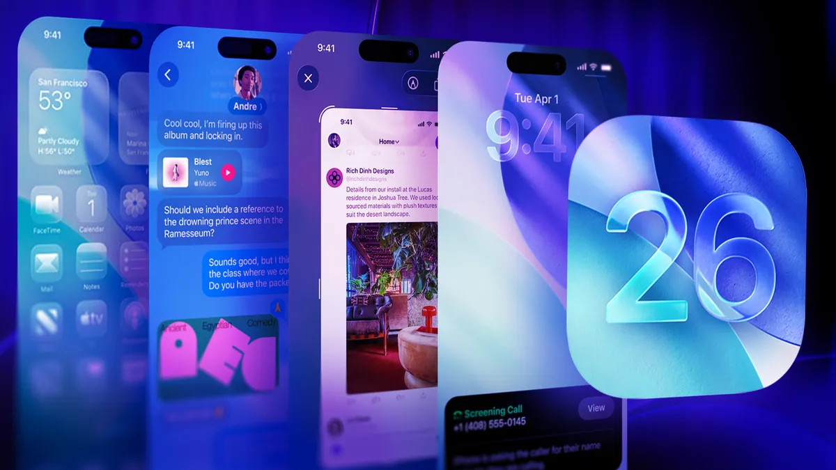 За логотипом iOS 26 отображаются различные скриншоты iOS.