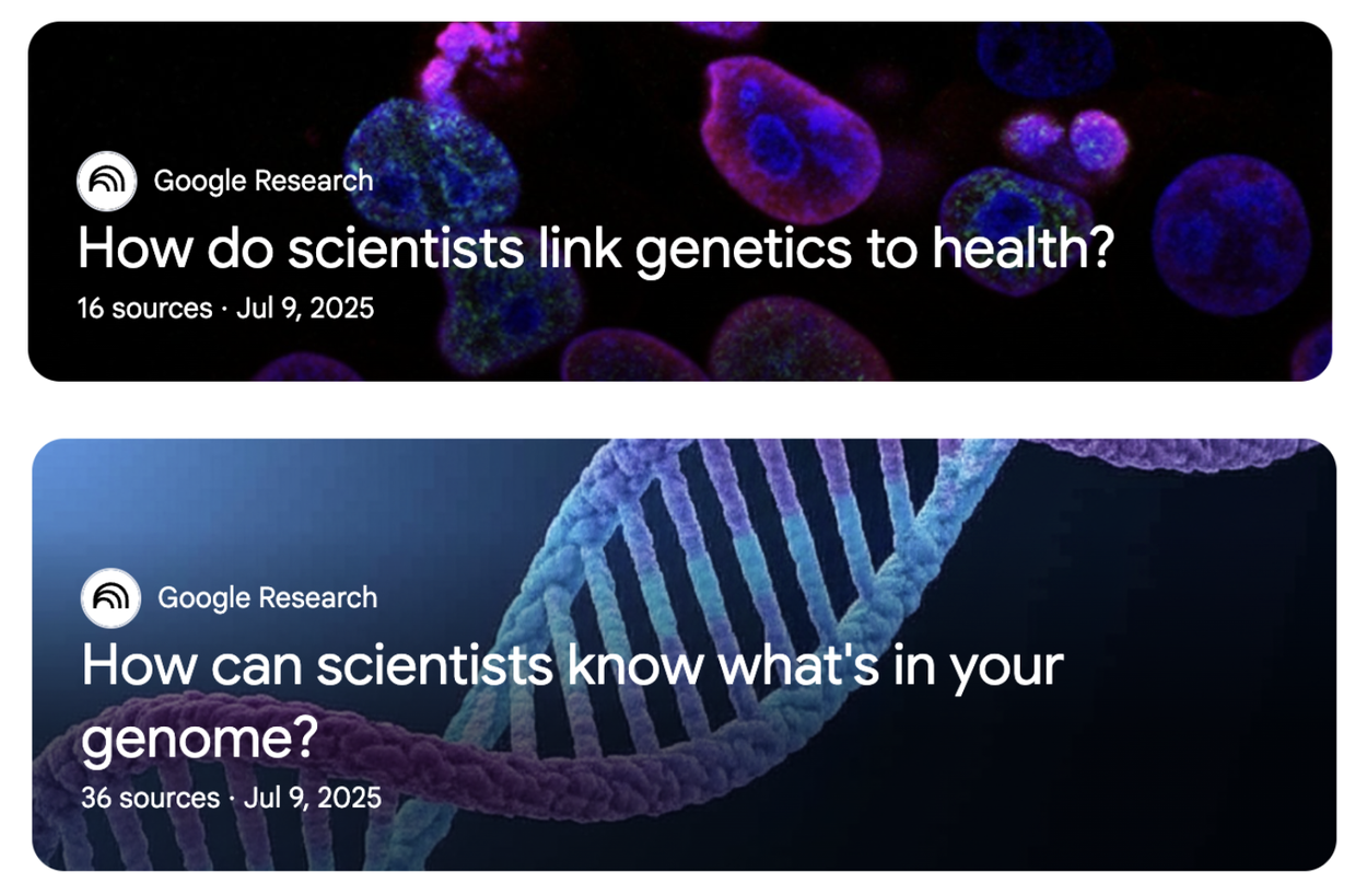 На двух баннерах Google Research, изображающих микроскопические клетки и нить ДНК, задаются вопросы о связи генетики со здоровьем и секвенированием генома.