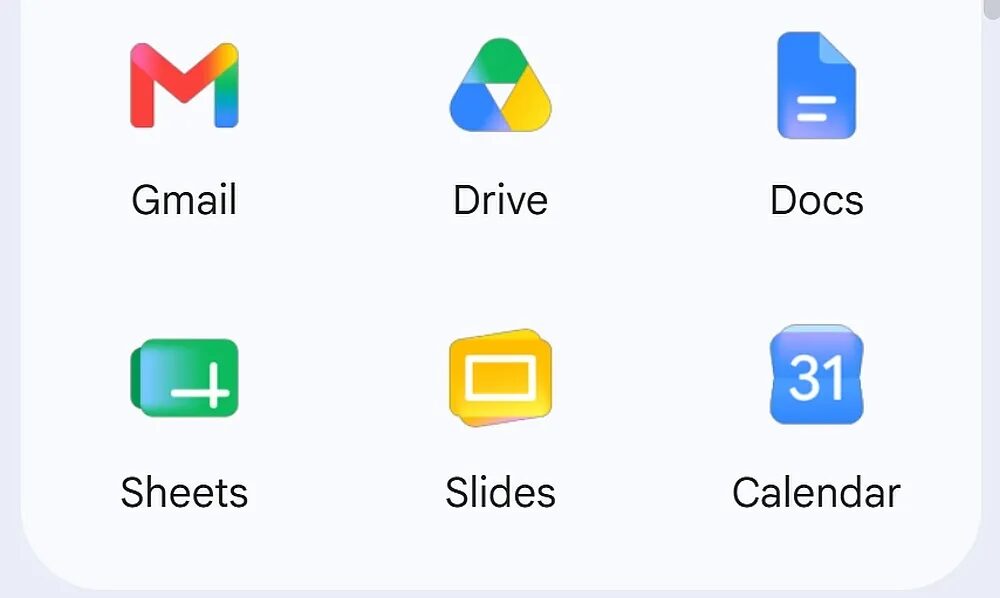 Скриншот шести обновленных значков приложения Google Workspace.