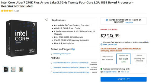 Core Ultra 7 270K Plus подешевел до $260 менее чем через 2 месяца после запуска Core Ultra 7 270K Plus подешевел до $260 менее чем через 2 месяца после запуска
