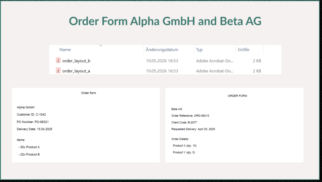 На этом скриншоте показаны два сгенерированных PDF-файла: один для Alpha GmbH и один для Beta AG.
