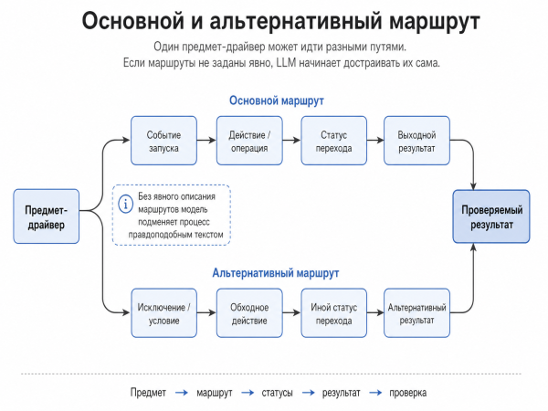 Один предмет-драйвер может идти основным и альтернативным маршрутом. Если эти маршруты не описаны явно, LLM начинает достраивать их сама. Один предмет-драйвер может идти основным и альтернативным маршрутом. Если эти маршруты не описаны явно, LLM начинает достраивать их сама.