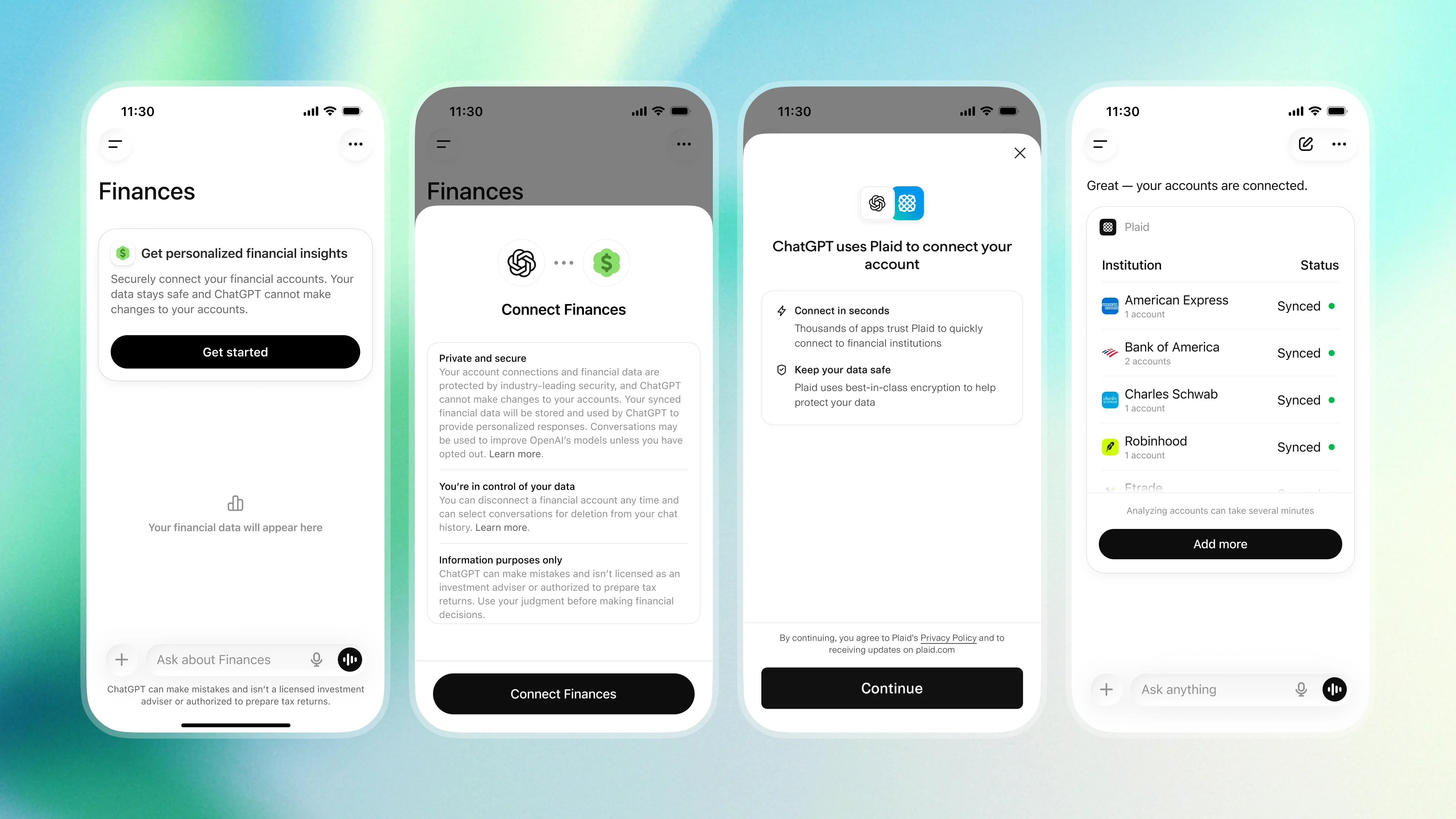 Новый опыт управления личными финансами в ChatGPT | OpenAI 2 Четыре экрана мобильного приложения, демонстрирующие процесс подключения финансовых счетов к ChatGPT.