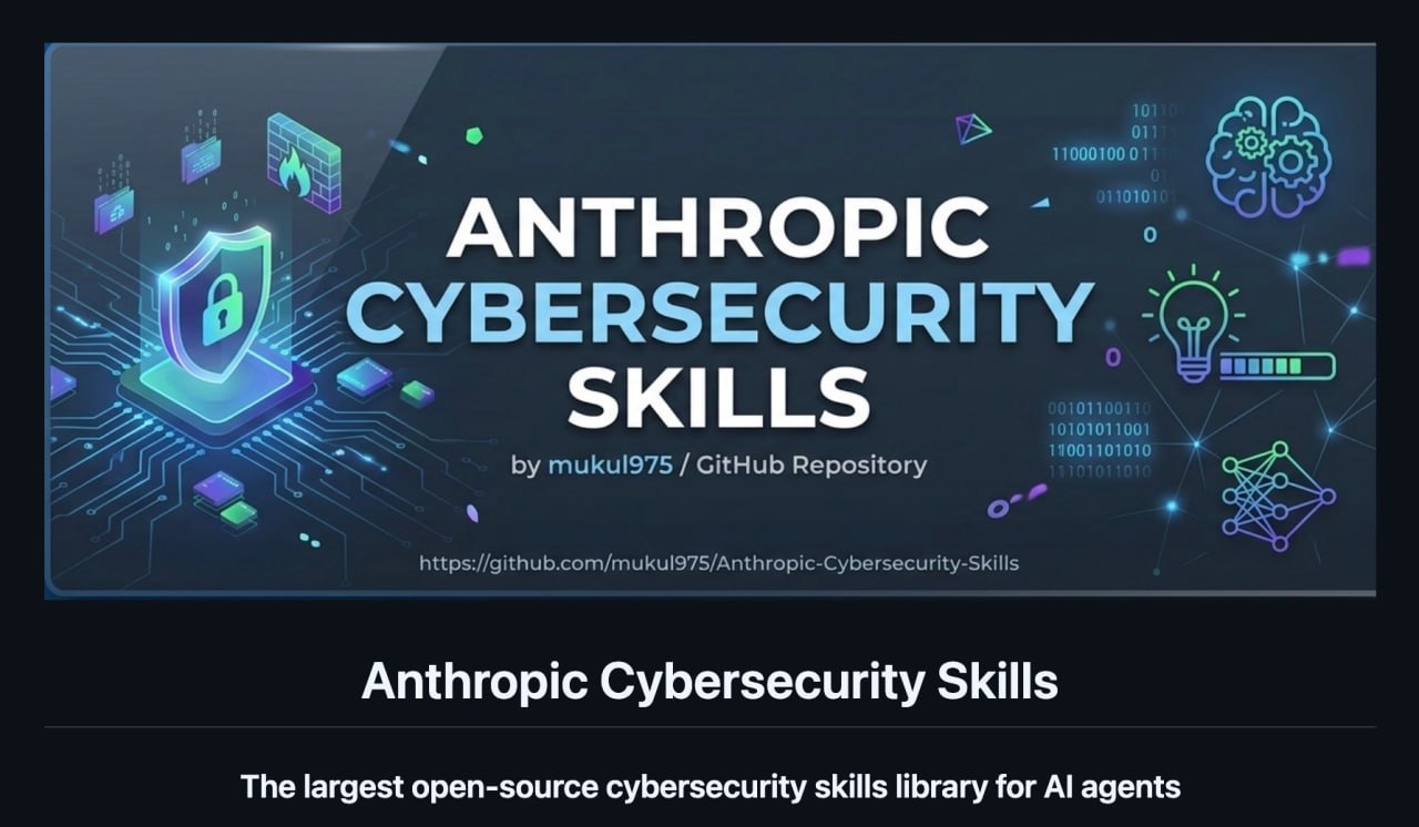 754 security-скилла превращают AI-агента в кибераналитика Появилась огромная библиотека Anthropic-Cybersecurity-Skills…